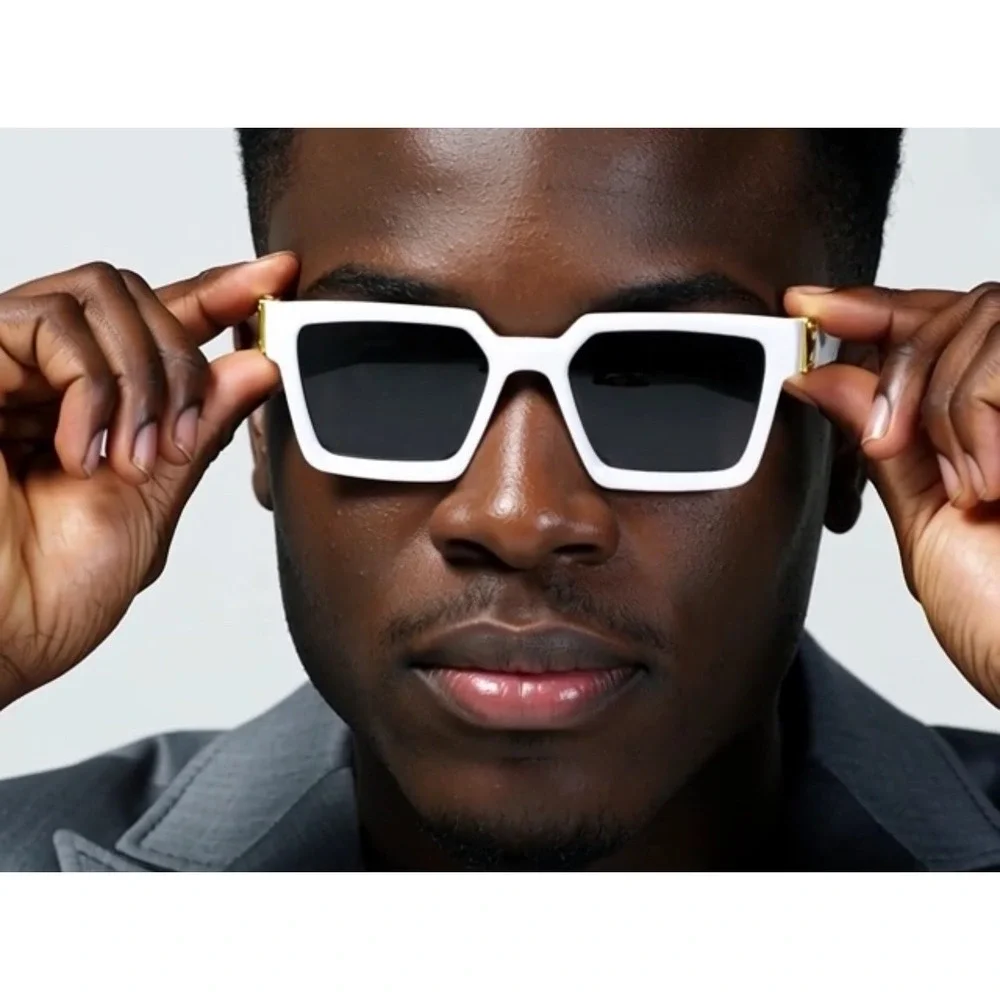 Oversized Square Sunglasses Men‎ White Frame Black Lens Gold Accents Fashion